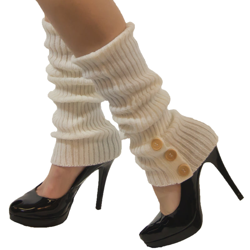 Leg Warmers Bulk | White Knit Leg Warmers with Button Trim 1256