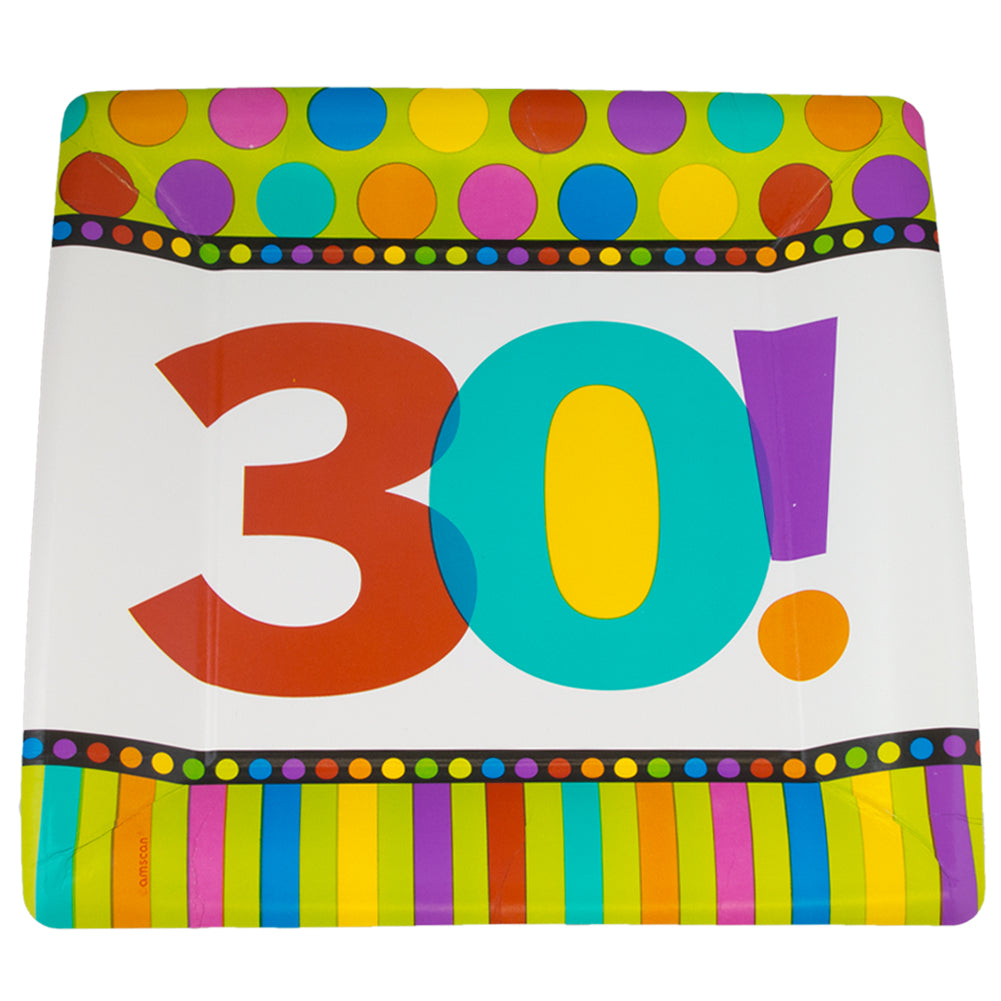 30th Birthday Square Paper Plates 10" 8 PC STANDARD 3803